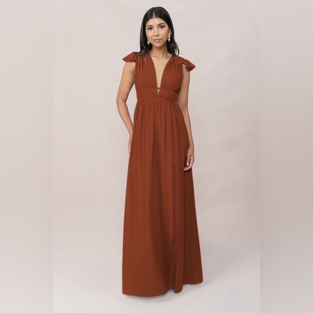 EUC Revelry Cora Chiffon Dress Rust Color Bridesmaid Maxi Dress Size 4